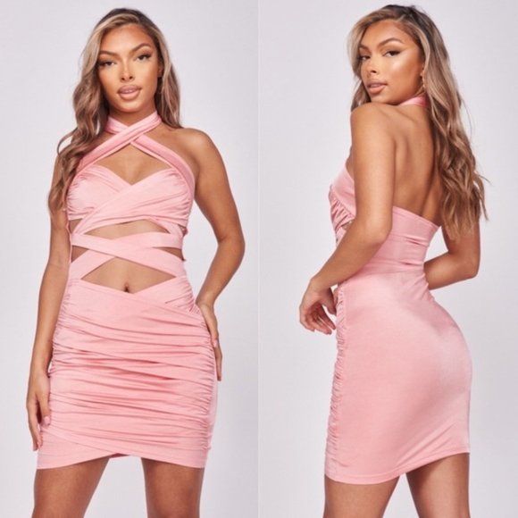 Pink Sleeveless Halter Neck Backless Cutout Wrap Bodycon Mini Dress - Picture 1 of 14